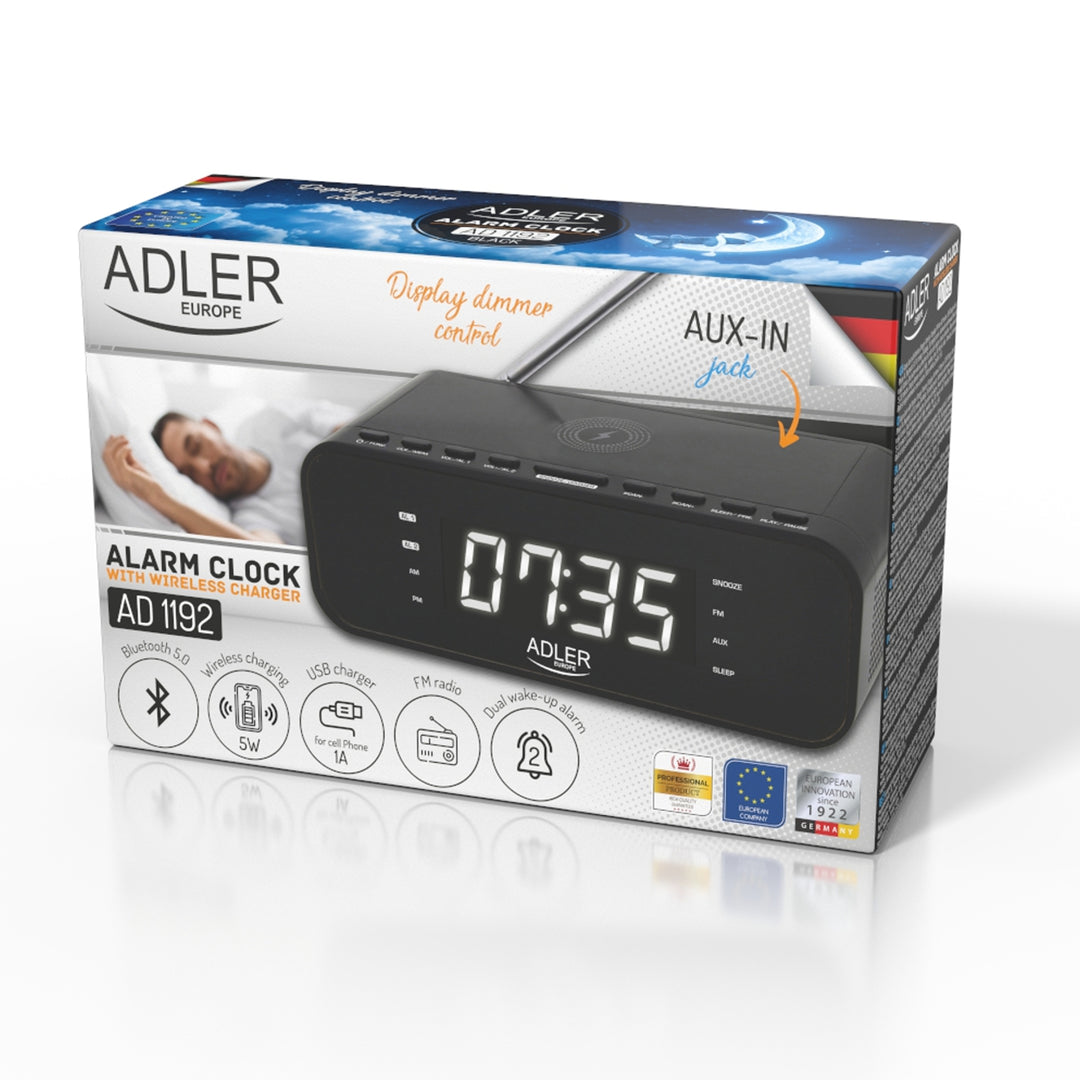 Rádio-despertador FM Adler AD 1192B com carregador sem fios e Bluetooth