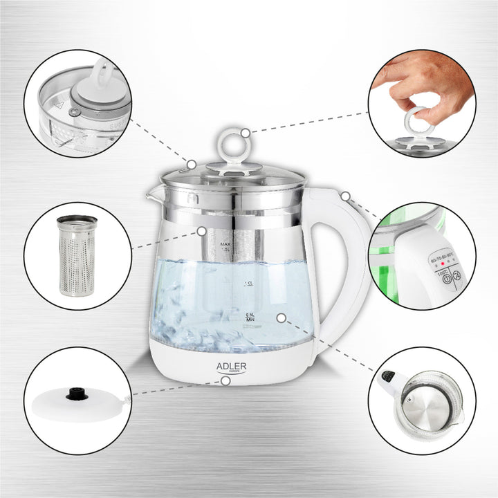Hervidor de vidrio de 1,5 L con cafetera y control de temperatura Adler AD 1299