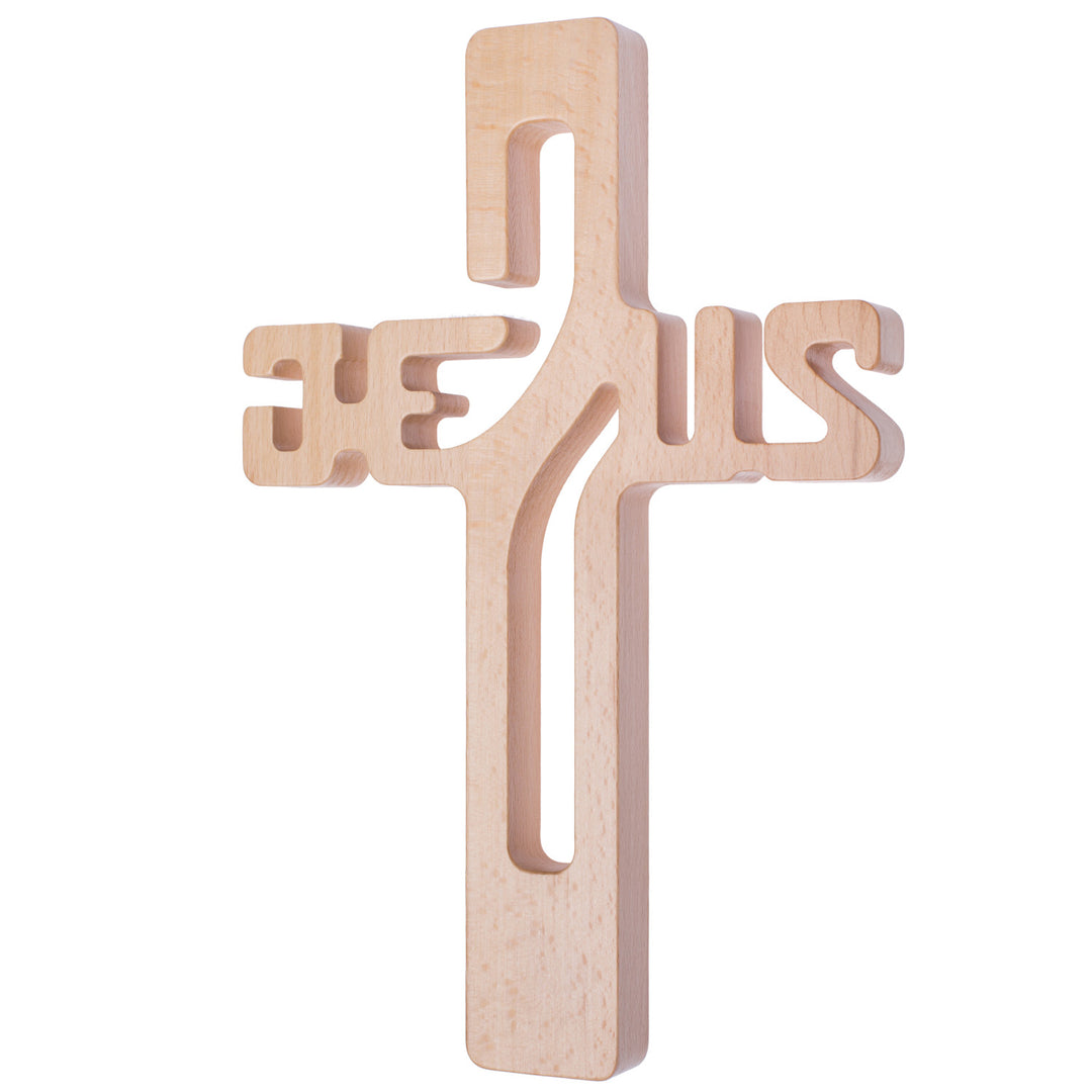 Cruz Pendurada em Madeira Cruzada de Parede com Letras JESUS (Natural, 22x14x1,6cm)