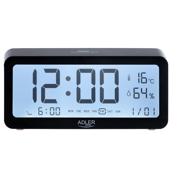 Despertador Adler a pilhas, preto, visor iluminado AD1195b