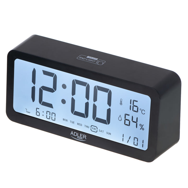 Despertador Adler a pilhas, preto, visor iluminado AD1195b