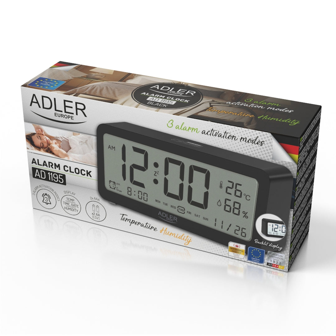 Despertador Adler a pilhas, preto, visor iluminado AD1195b