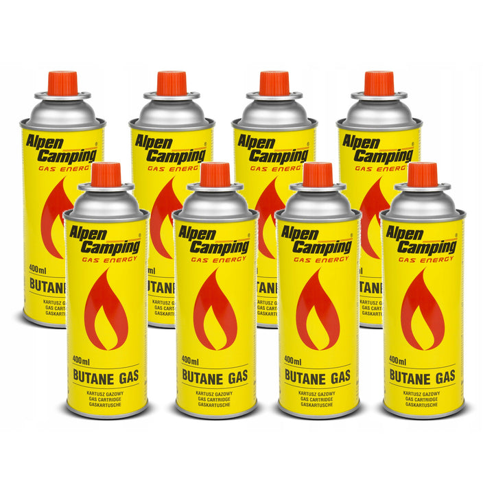 8 cartuchos de gás Alpen Camping de 400 ml. Certificado: PI 0875, em conformidade com a norma EN417, isobutano, intervalo de funcionamento de -10°C a +40°C, IK004