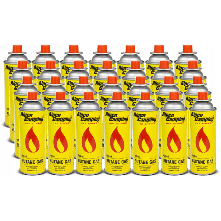 28 cartuchos de gás Alpen Camping de 400 ml. Certificado: PI 0875, em conformidade com a norma EN417, isobutano, intervalo de funcionamento de -10°C a +40°C, IK004