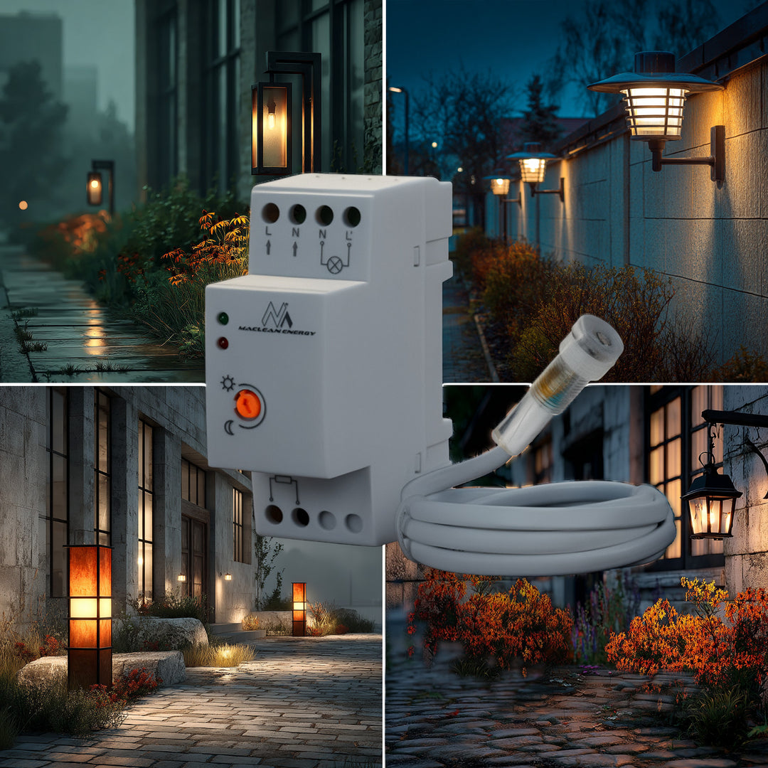 Interruptor de sensor crepuscular para carril DIN con sonda externa 220-240V / AC, 50Hz 20A Maclean MCE83