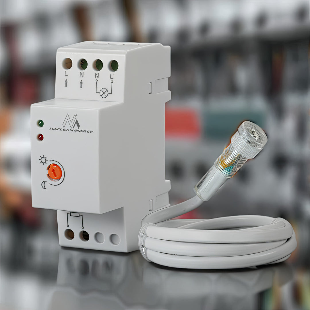 Interruptor de sensor crepuscular para carril DIN con sonda externa 220-240V / AC, 50Hz 20A Maclean MCE83