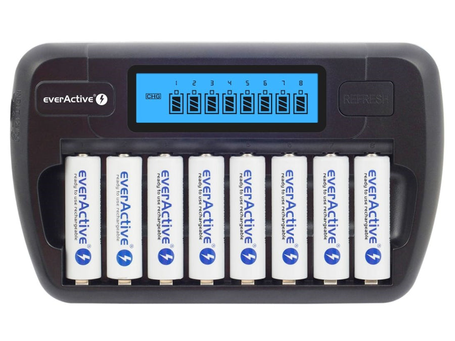 Carregador de pilhas AA e AAA everActive, 8 canais, visor LCD, NC-800