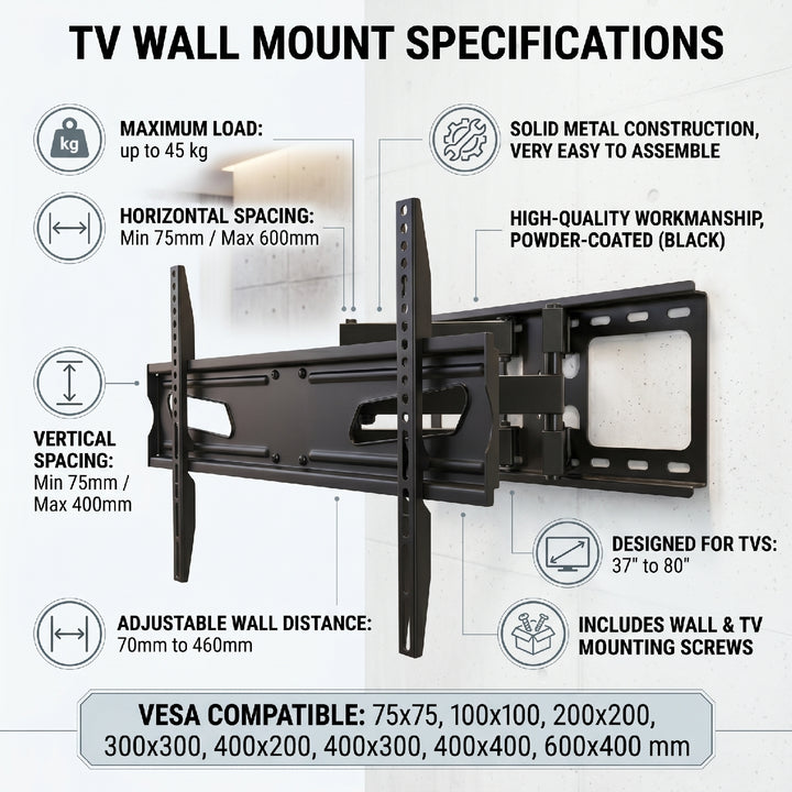 Suporte de parede para TV Maclean MC-723B para TVs LCD/LED de 37 a 80 polegadas, carga máxima de 45 kg, VESA máx. 600x400
