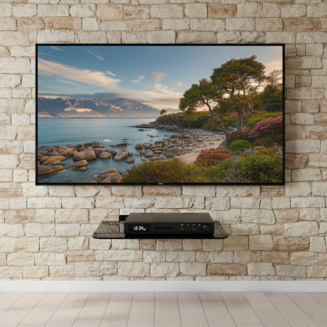 Prateleira de parede para dispositivos eletrônicos, prateleira de vidro temperado preto Maclean MC-738