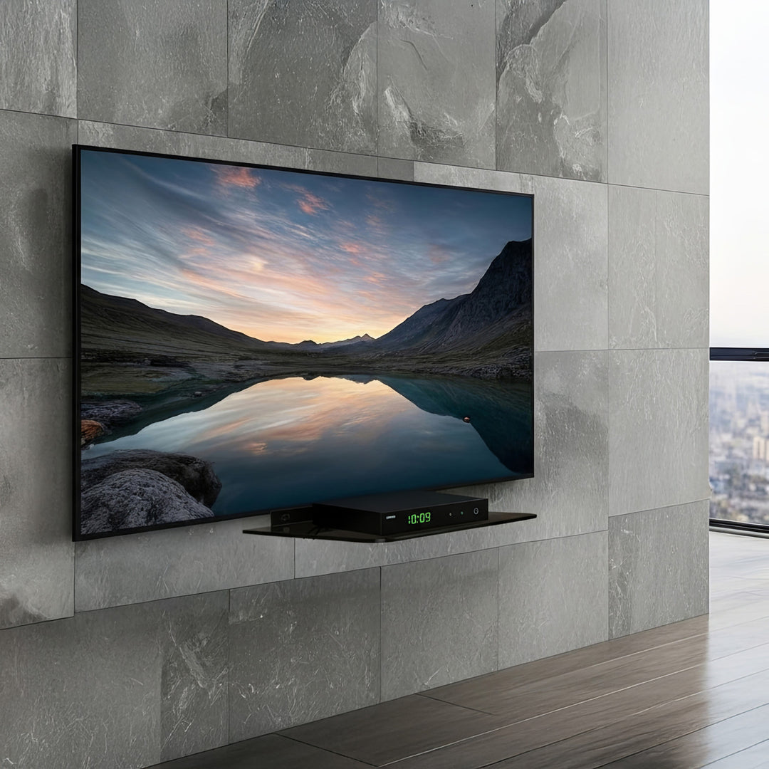 Prateleira de parede para dispositivos eletrônicos, prateleira de vidro temperado preto Maclean MC-738