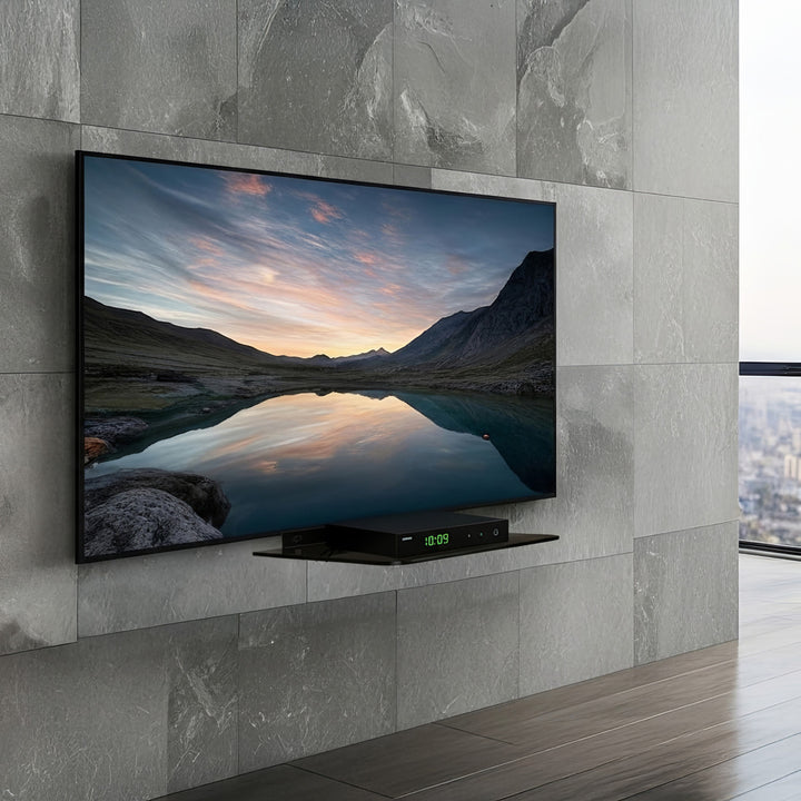 Prateleira de parede para dispositivos eletrônicos, prateleira de vidro temperado preto Maclean MC-738