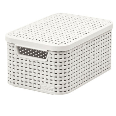 Cesto curvo, multiusos, com tampa, creme, estilo rattan M
