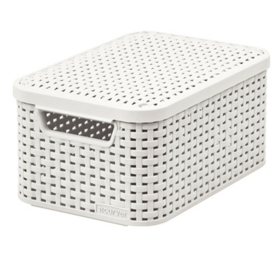 Cesto curvo, multiusos, com tampa, creme, estilo rattan M