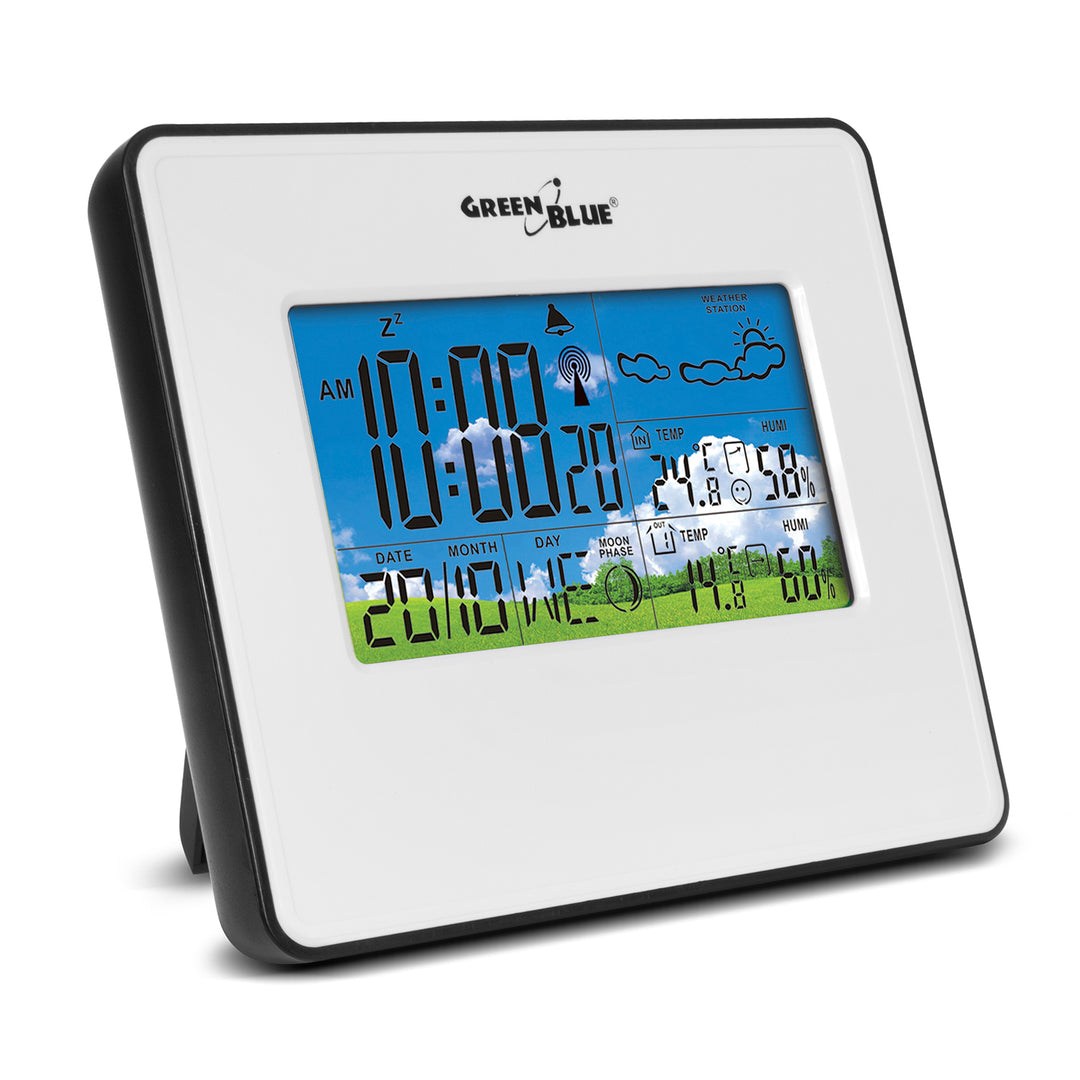 Estação meteorológica sem fios ENTRADA/SAÍDA Temperatura Humidade Fase da Lua VerdeAzul GB147W Branco