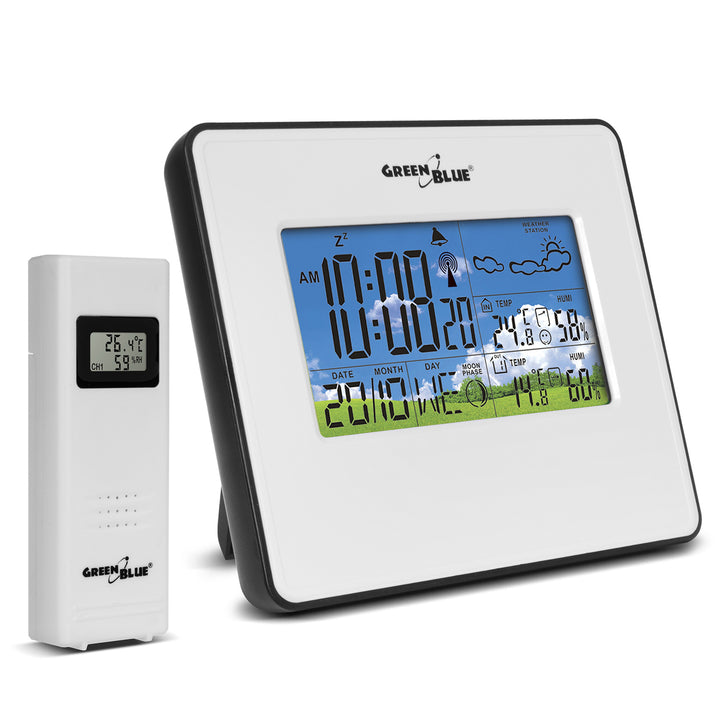 Estação meteorológica sem fios ENTRADA/SAÍDA Temperatura Humidade Fase da Lua VerdeAzul GB147W Branco