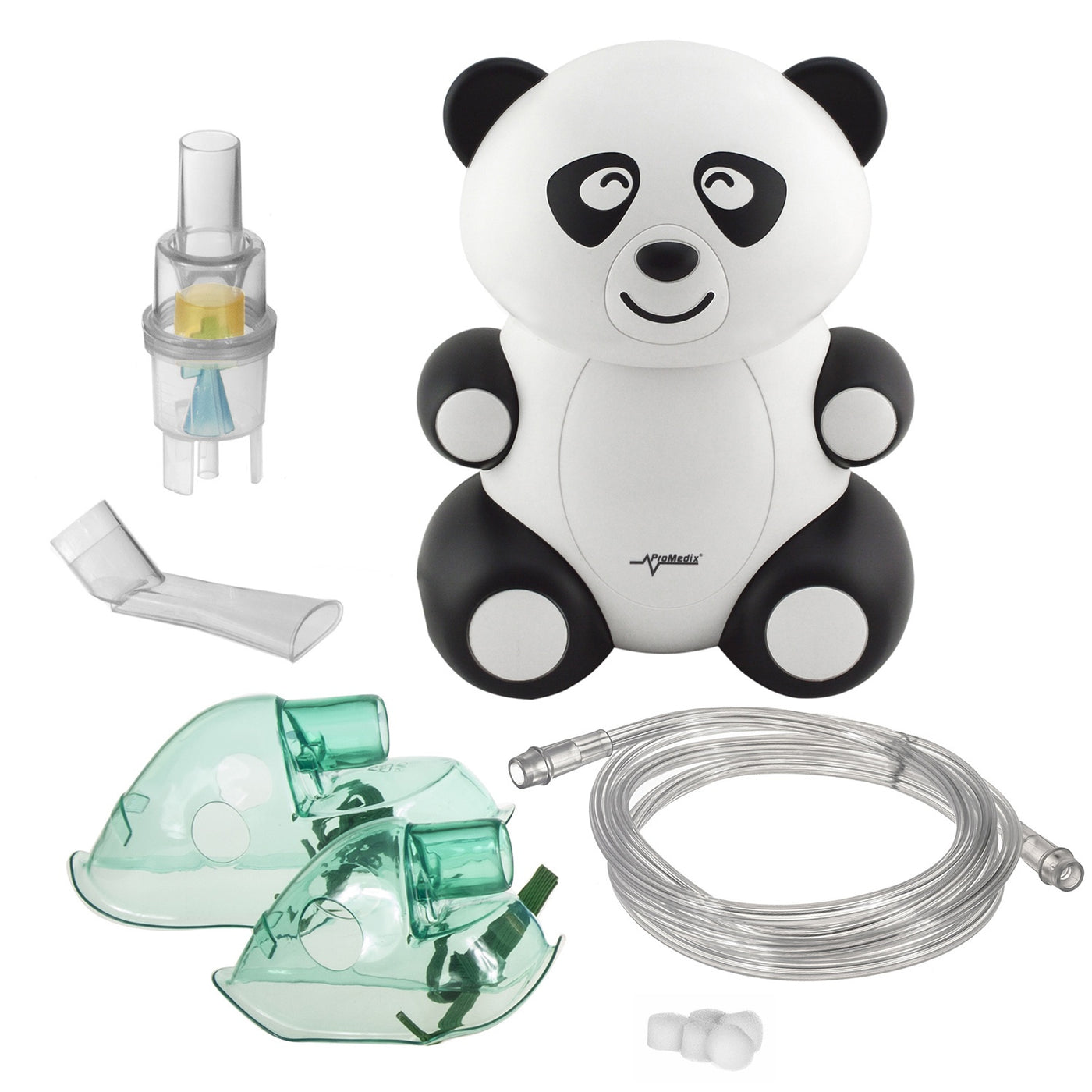 Inhalador para bebés Promedix PR-812 panda, set nebulizador, mascarillas, filtros Versión para el Reino Unido