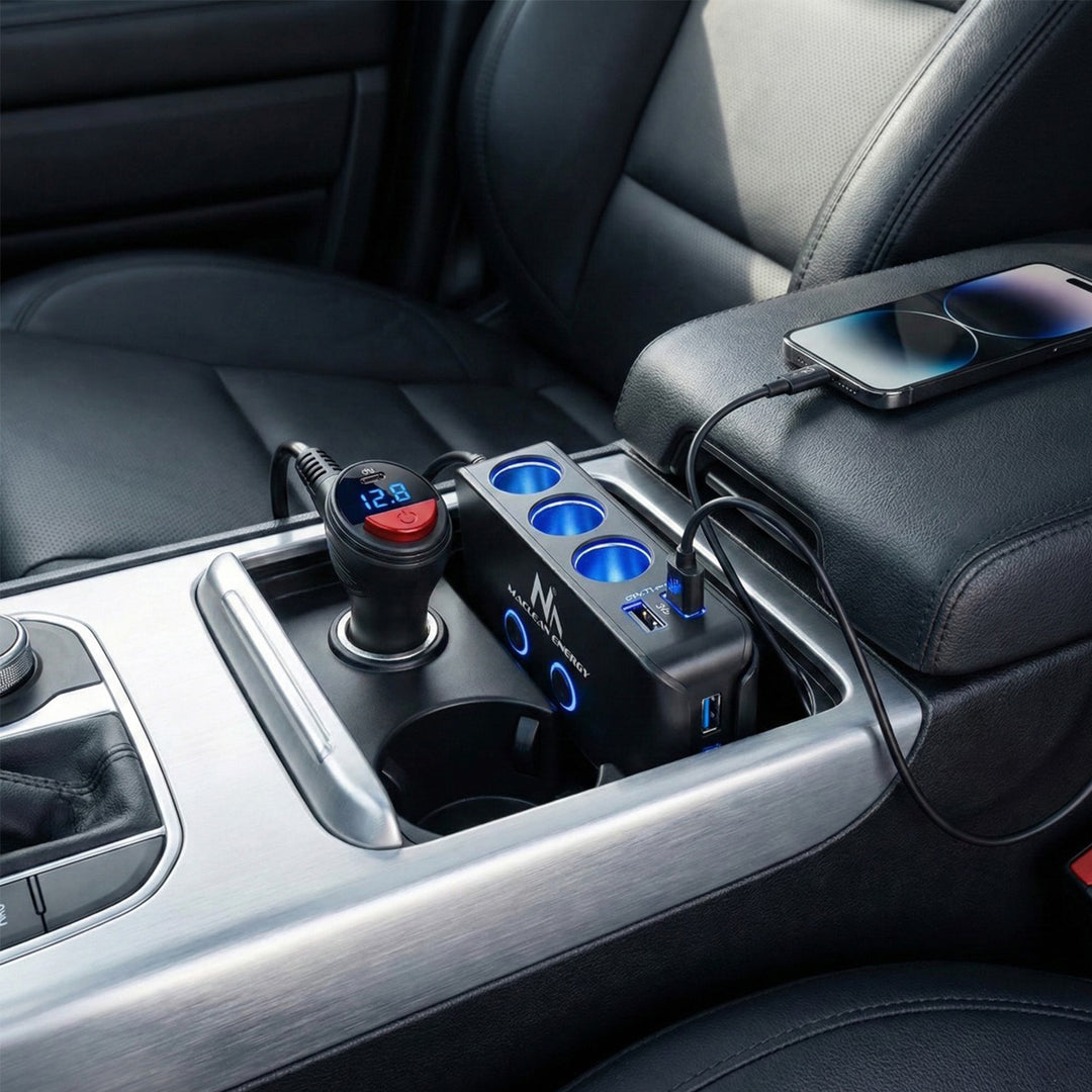 Divisor de isqueiro, voltímetro, 3 soquetes de isqueiro, 1xQuick Charge 3.0, 3xUSB 6.8A, 1x Power Delivery 18W, Maclean MCE218, Max 120W