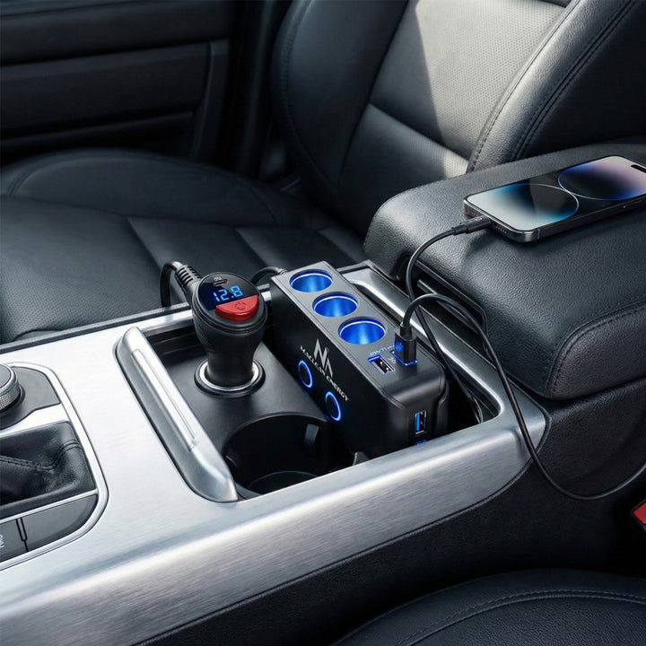 Divisor de isqueiro, voltímetro, 3 soquetes de isqueiro, 1xQuick Charge 3.0, 3xUSB 6.8A, 1x Power Delivery 18W, Maclean MCE218, Max 120W