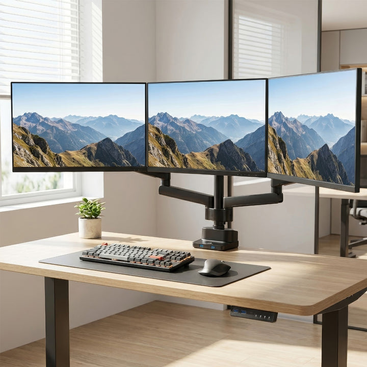 Soporte de escritorio para 3 monitores LCD LED con 2x USB 3.0 17-27" 3x7kg VESA 75x75 y 100x100 Maclean MC-811