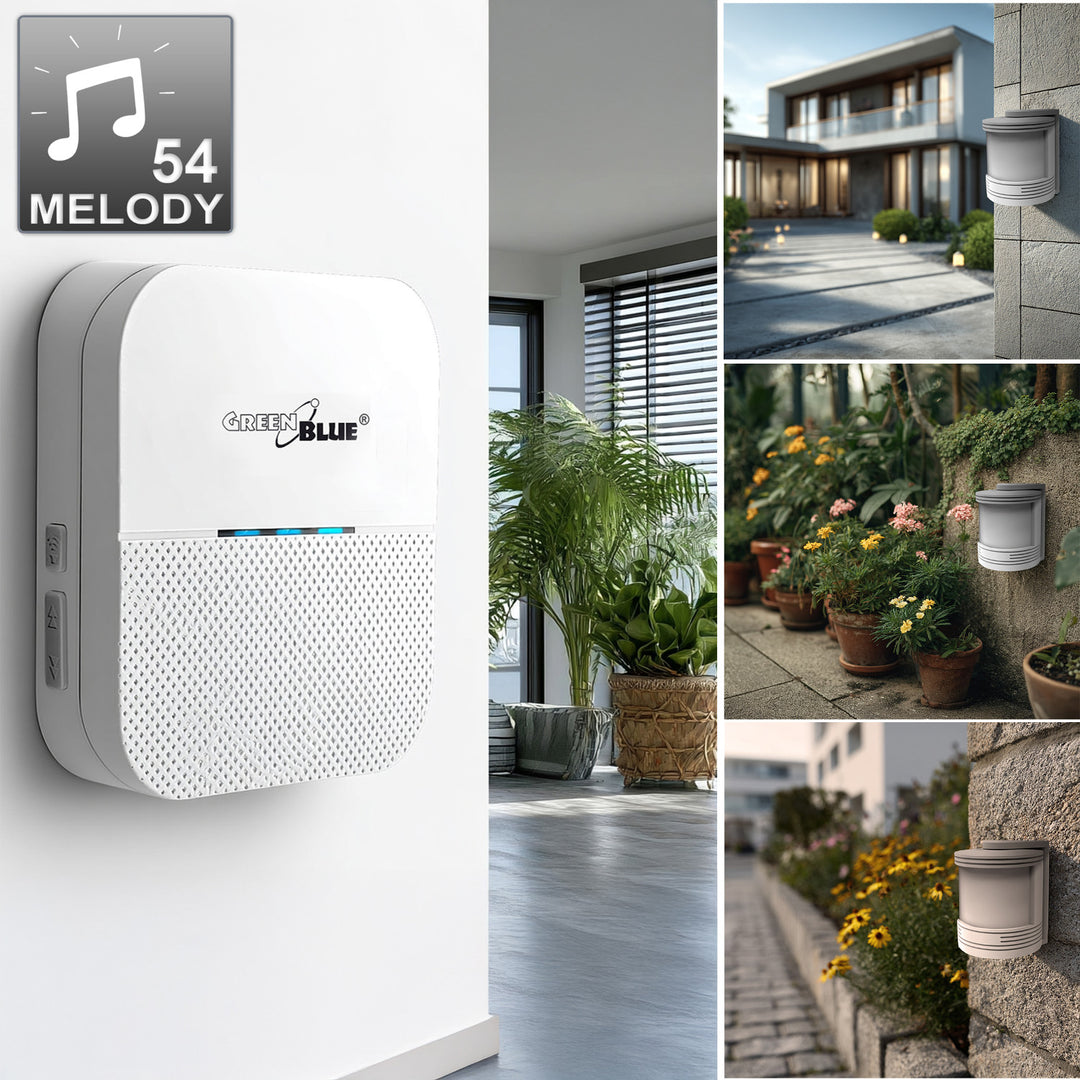 Indicador de entrada inalámbrico con sensor de movimiento y 52 melodías, 230 V, máx.8 sensores, blanco GreenBlue GB212