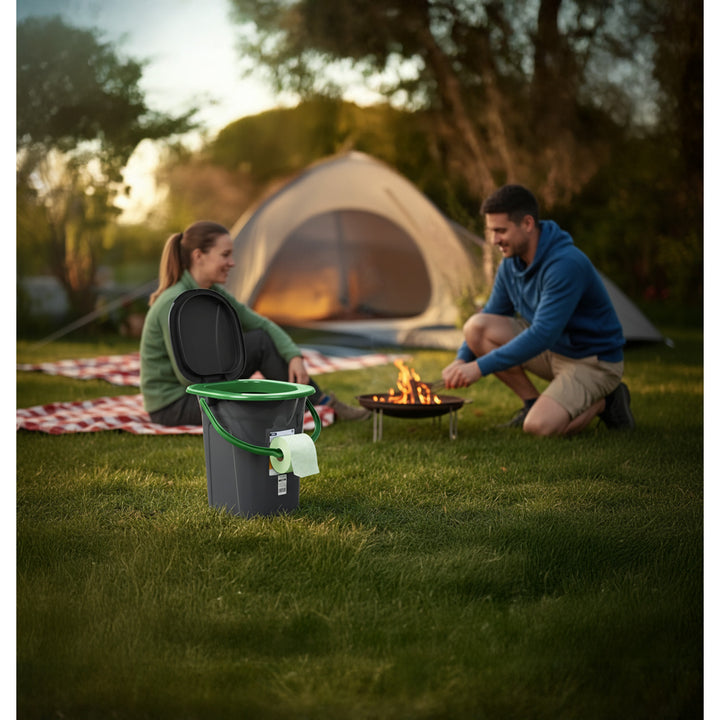 Inodoro portátil turístico con tapa 19L negro con verde, perfecto para viajes, acampanada GreenBlue GB320BG