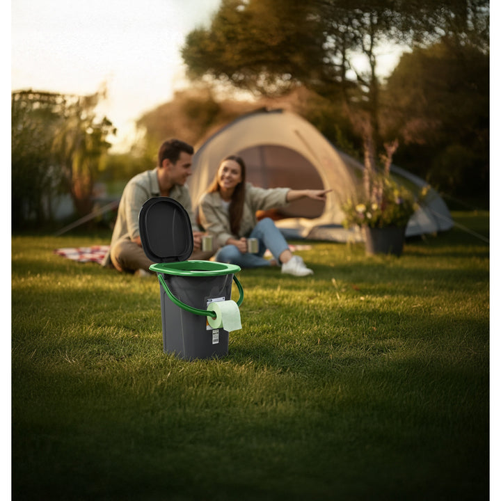 Inodoro portátil turístico con tapa 19L negro con verde, perfecto para viajes, acampanada GreenBlue GB320BG
