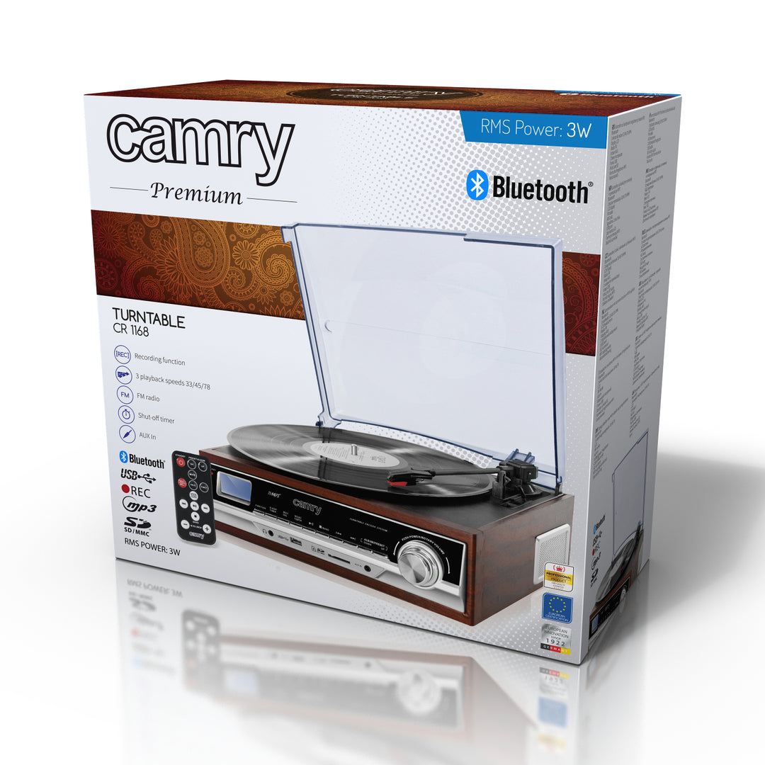 Gira-discos Camry CR 1168 com rádio e Bluetooth / MP3 / USB / SD / Gravação