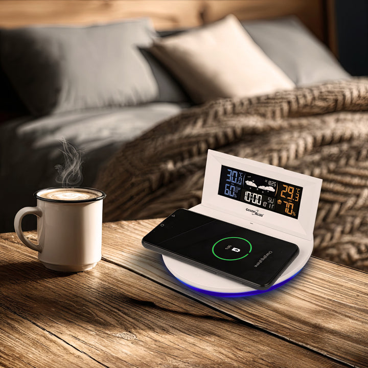 Estação meteorológica sem fio com carregador indutivo/sem fio GreenBlue, relógio, alarme, calendário, sensor externo, GB213