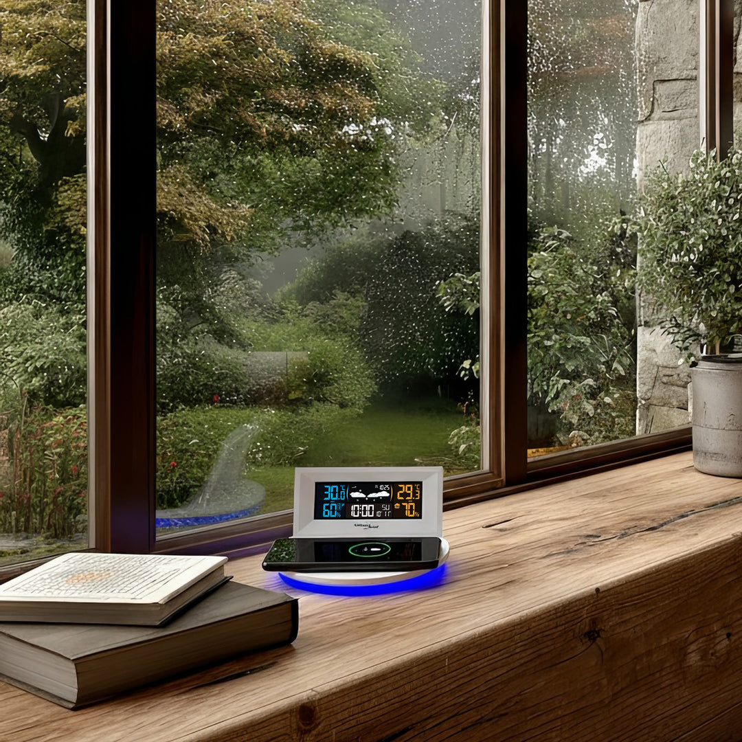 Estação meteorológica sem fio com carregador indutivo/sem fio GreenBlue, relógio, alarme, calendário, sensor externo, GB213