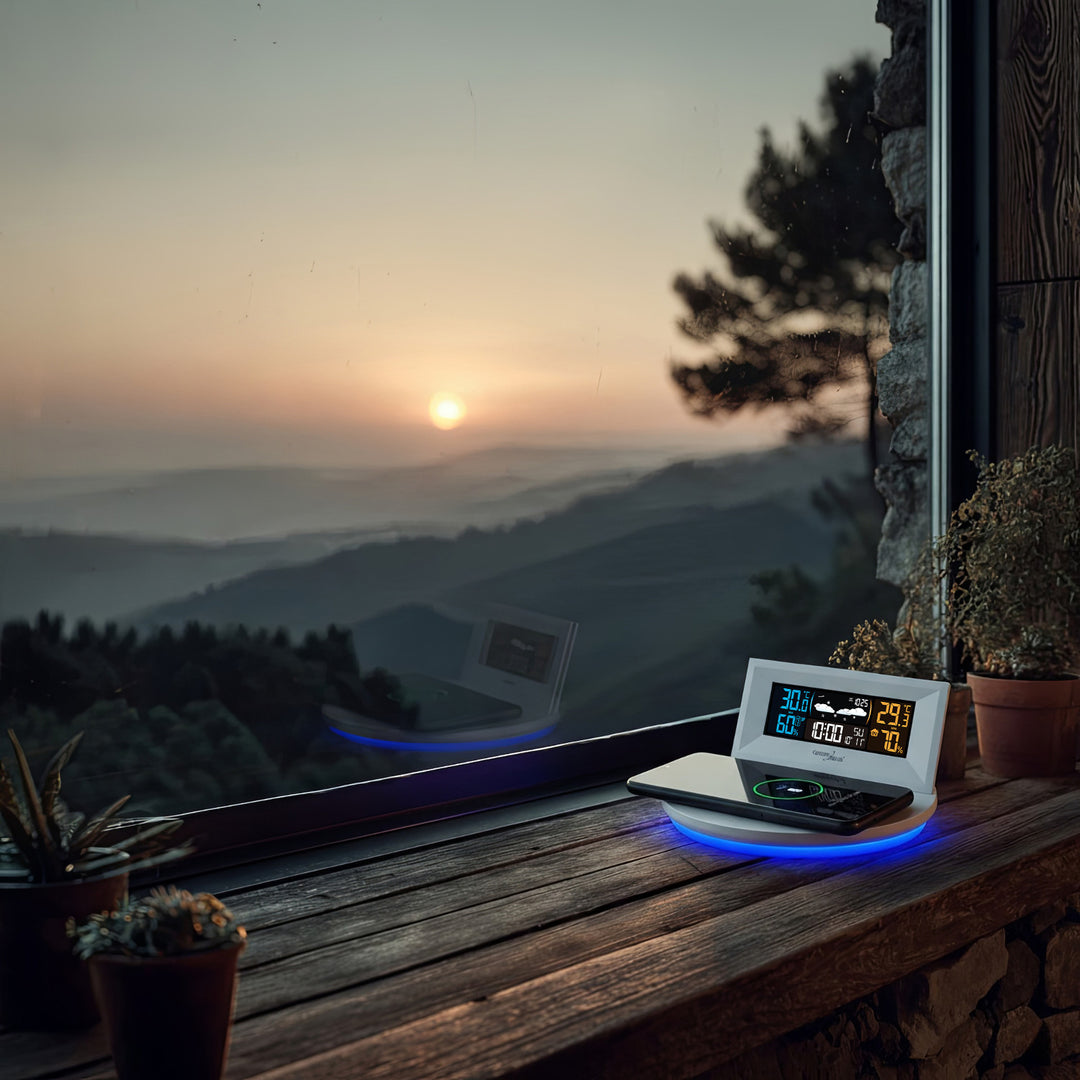 Estação meteorológica sem fio com carregador indutivo/sem fio GreenBlue, relógio, alarme, calendário, sensor externo, GB213