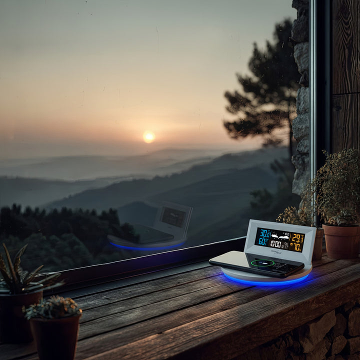 Estação meteorológica sem fio com carregador indutivo/sem fio GreenBlue, relógio, alarme, calendário, sensor externo, GB213