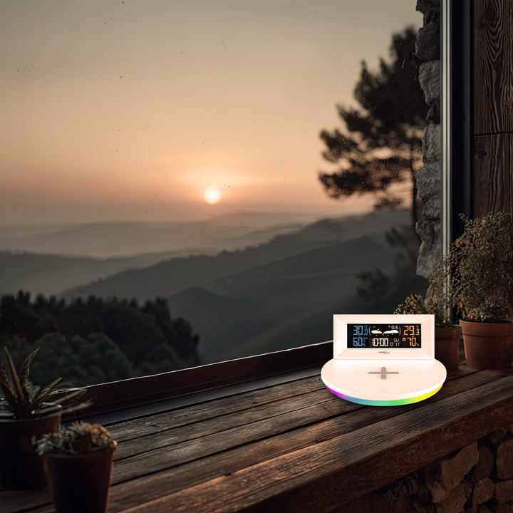 Estação meteorológica sem fio com carregador indutivo/sem fio GreenBlue, relógio, alarme, calendário, sensor externo, GB213