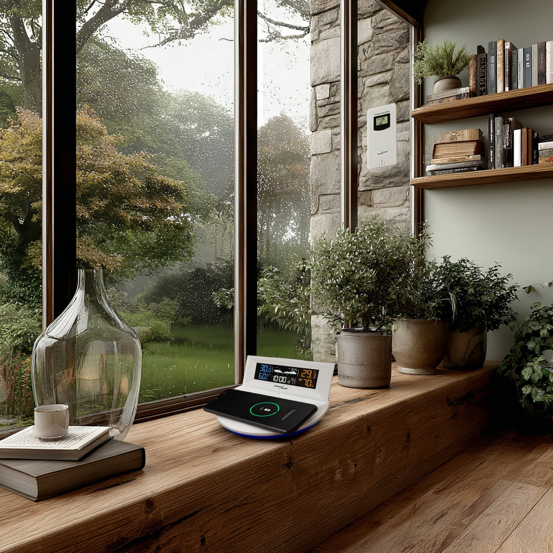 Estação meteorológica sem fio com carregador indutivo/sem fio GreenBlue, relógio, alarme, calendário, sensor externo, GB213