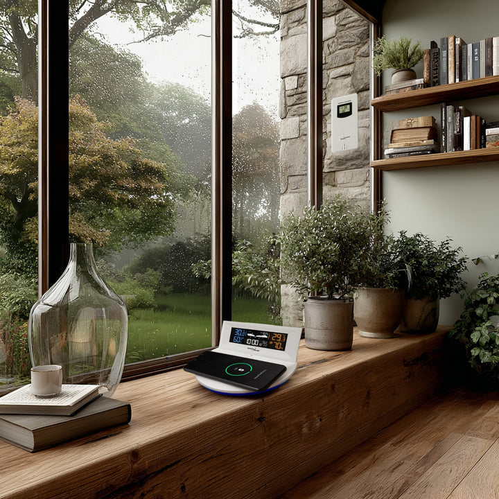 Estação meteorológica sem fio com carregador indutivo/sem fio GreenBlue, relógio, alarme, calendário, sensor externo, GB213