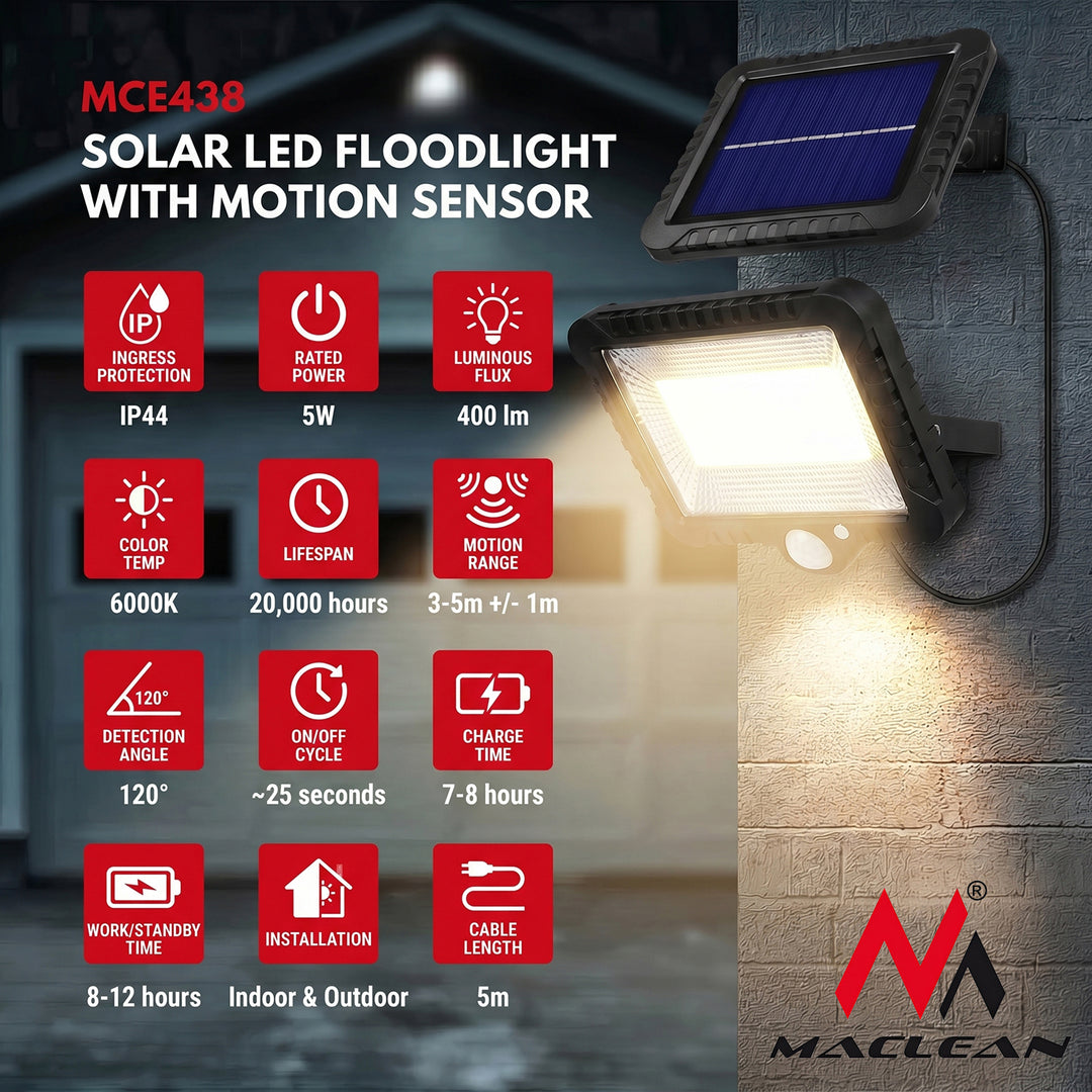 Refletor solar LED com sensor de movimento, aplique solar Maclean MCE438