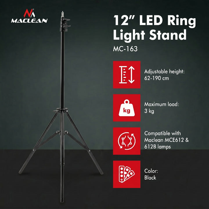 Maclean MC-163 Suporte de luz circular de 12", altura ajustável 62-190cm, suporte de iluminação, suporte de lâmpada, suporte de luz com capacidade de carga de até 3kg