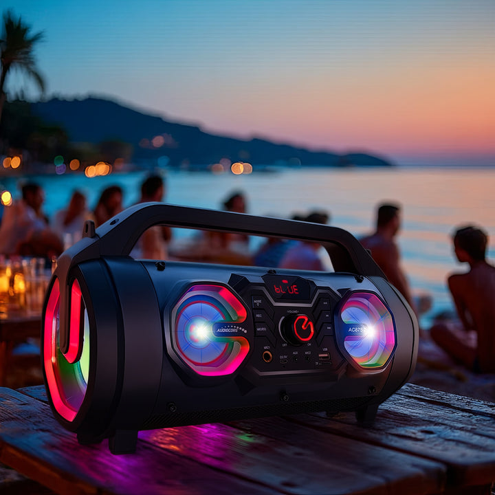 Audiocore AC875 Bazooka Alto-falante portátil Bluetooth Boombox 30W (20W + 5Wx2) IPX4 à prova de respingos / Rádio / microSD / Aux-In / USB / Iluminação / Porta de microfone