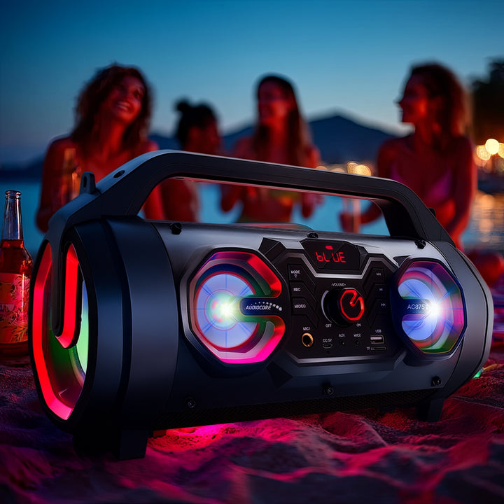 Audiocore AC875 Bazooka Alto-falante portátil Bluetooth Boombox 30W (20W + 5Wx2) IPX4 à prova de respingos / Rádio / microSD / Aux-In / USB / Iluminação / Porta de microfone
