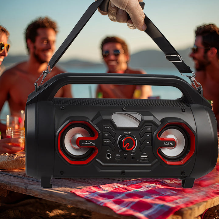Audiocore AC875 Bazooka Alto-falante portátil Bluetooth Boombox 30W (20W + 5Wx2) IPX4 à prova de respingos / Rádio / microSD / Aux-In / USB / Iluminação / Porta de microfone