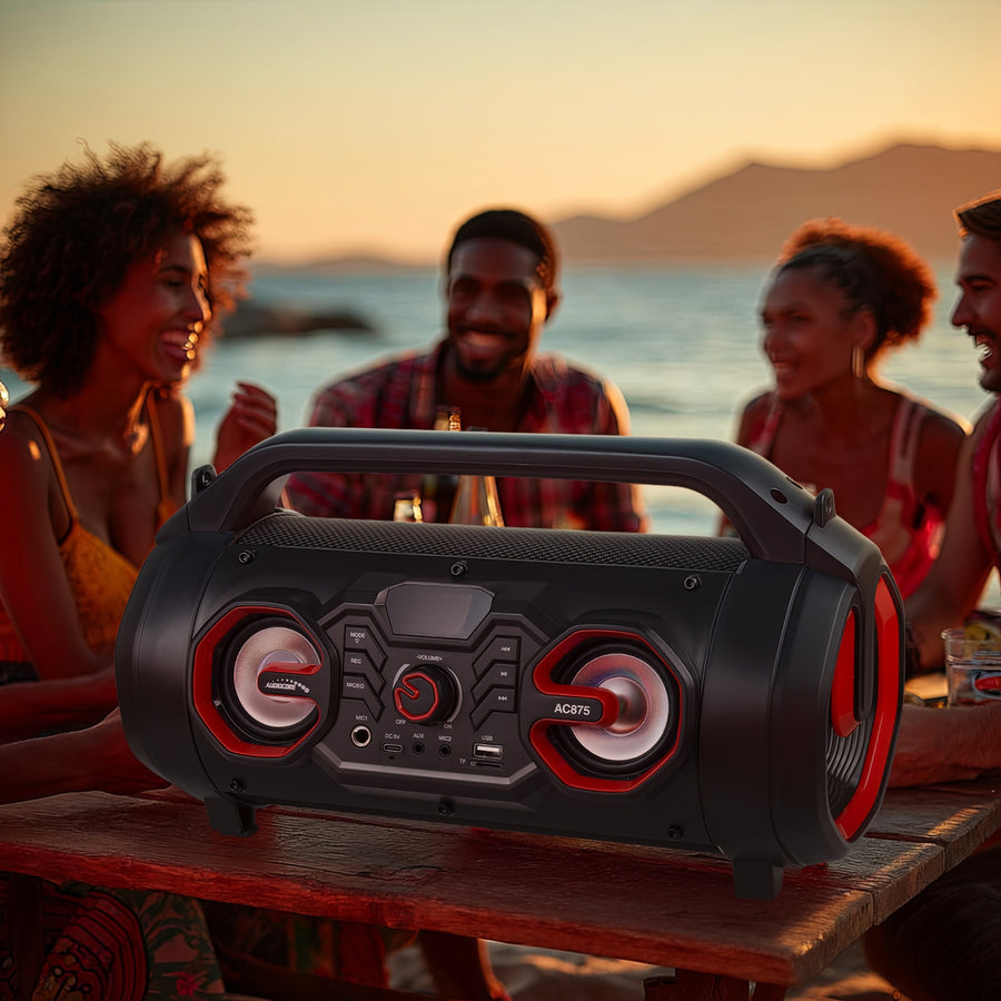 Audiocore AC875 Bazooka Alto-falante portátil Bluetooth Boombox 30W (20W + 5Wx2) IPX4 à prova de respingos / Rádio / microSD / Aux-In / USB / Iluminação / Porta de microfone