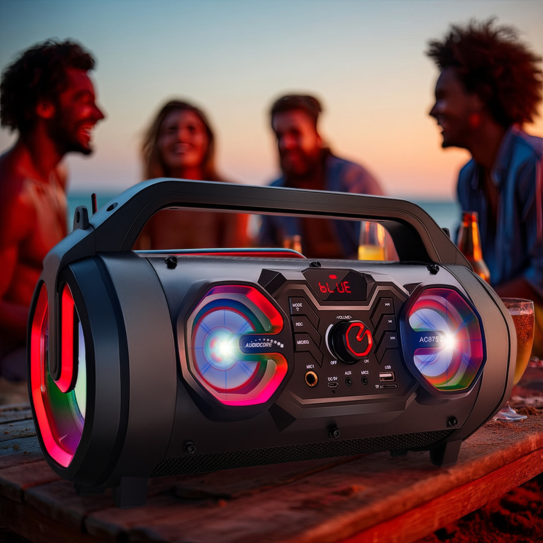 Audiocore AC875 Bazooka Alto-falante portátil Bluetooth Boombox 30W (20W + 5Wx2) IPX4 à prova de respingos / Rádio / microSD / Aux-In / USB / Iluminação / Porta de microfone
