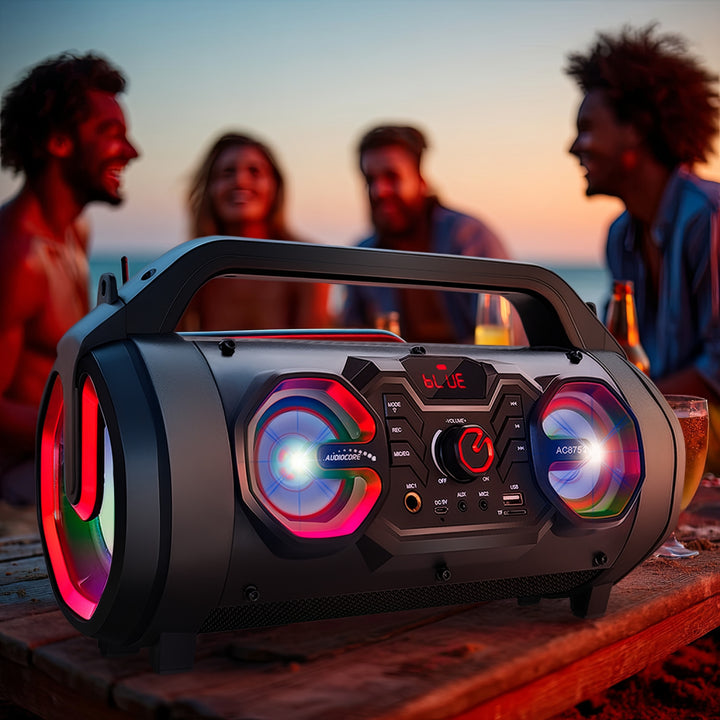 Audiocore AC875 Bazooka Alto-falante portátil Bluetooth Boombox 30W (20W + 5Wx2) IPX4 à prova de respingos / Rádio / microSD / Aux-In / USB / Iluminação / Porta de microfone