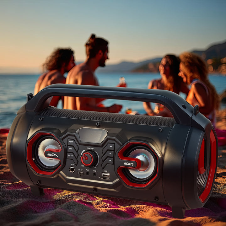 Audiocore AC875 Bazooka Alto-falante portátil Bluetooth Boombox 30W (20W + 5Wx2) IPX4 à prova de respingos / Rádio / microSD / Aux-In / USB / Iluminação / Porta de microfone