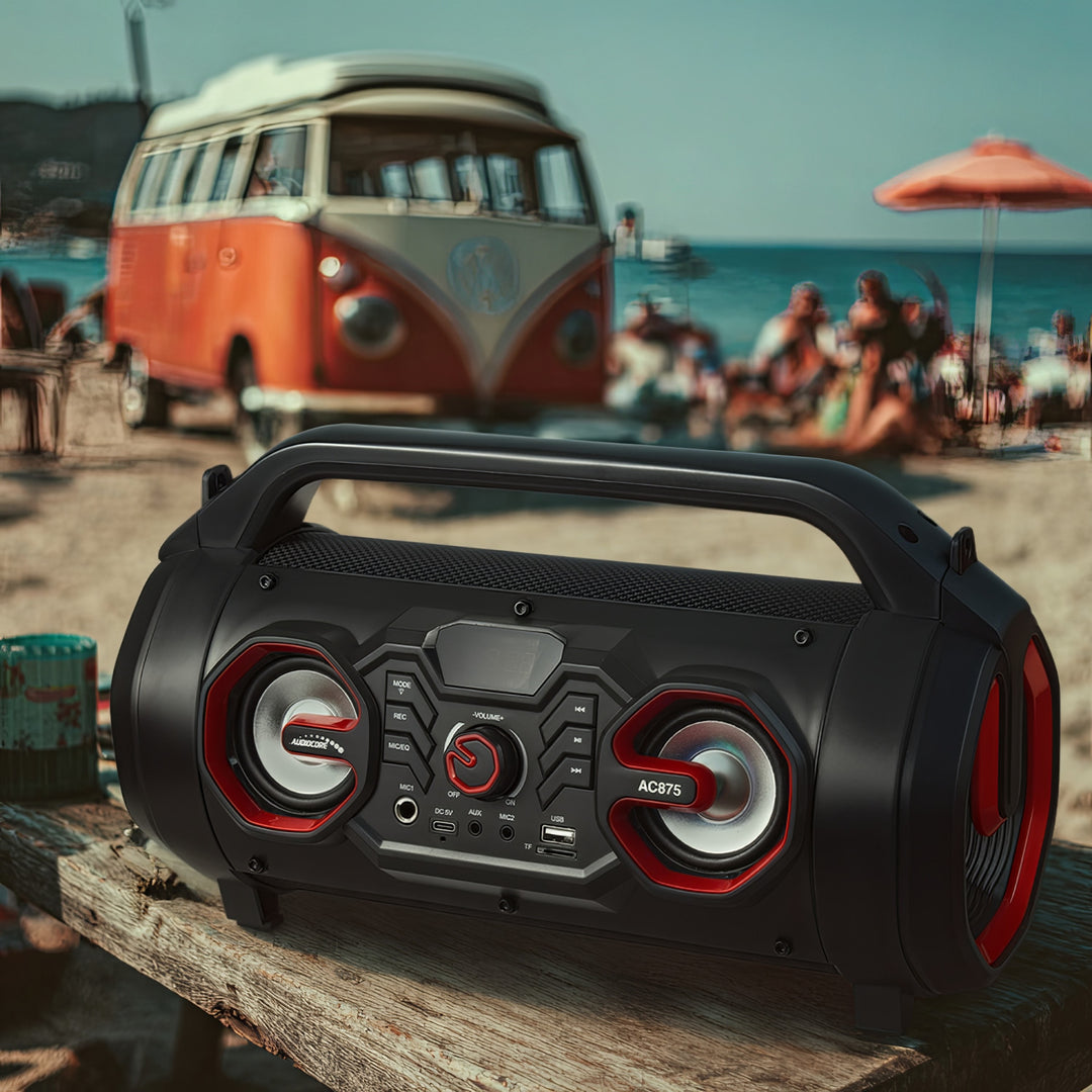 Audiocore AC875 Bazooka Alto-falante portátil Bluetooth Boombox 30W (20W + 5Wx2) IPX4 à prova de respingos / Rádio / microSD / Aux-In / USB / Iluminação / Porta de microfone