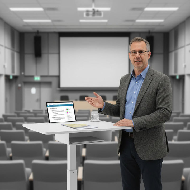 Escritorio para ordenador portátil de altura regulable con ruedas y un cajón de pie regulable en altura hasta un máximo de 113 cm y un máximo de 8 kg (blanco)