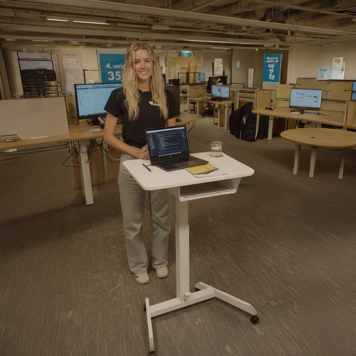 Escritorio para ordenador portátil de altura regulable con ruedas y un cajón de pie regulable en altura hasta un máximo de 113 cm y un máximo de 8 kg (blanco)