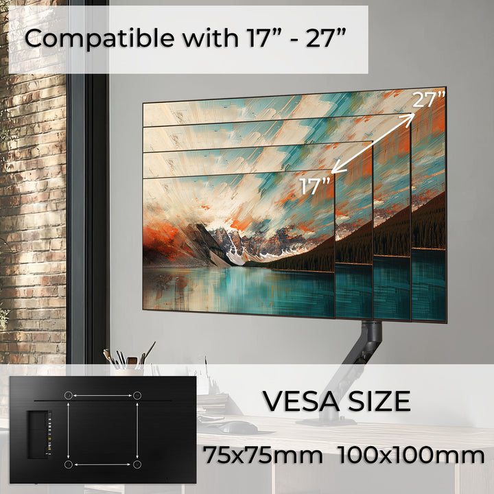 Maclean Brazo de Monitor de 1 Compartimento con Muelle de Gas Soporte de Escritorio de 17"-27" Giratorio Inclinable VESA 75x75 100x100 hasta 7kg