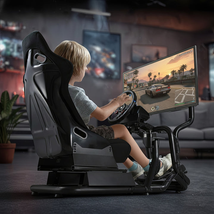 Simulador de carreras Cockpit 3 en 1 Asiento de juego hasta 130kg Soporte de palanca de cambio Soporte de volante Soporte de TV hasta 50" Max. Vesa 400x200 ...
