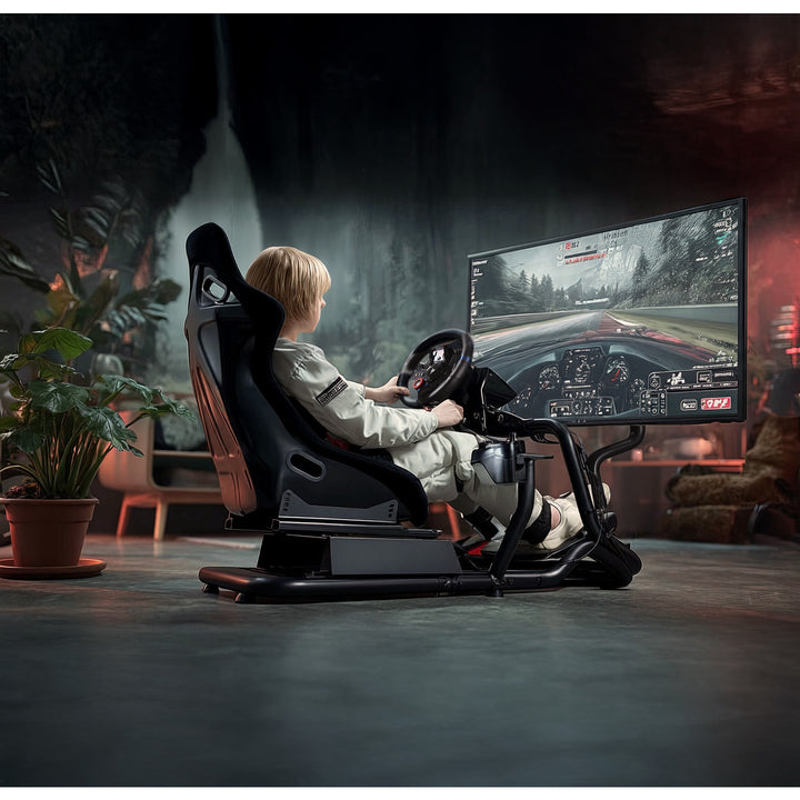 Simulador de carreras Cockpit 3 en 1 Asiento de juego hasta 130kg Soporte de palanca de cambio Soporte de volante Soporte de TV hasta 50" Max. Vesa 400x200 ...