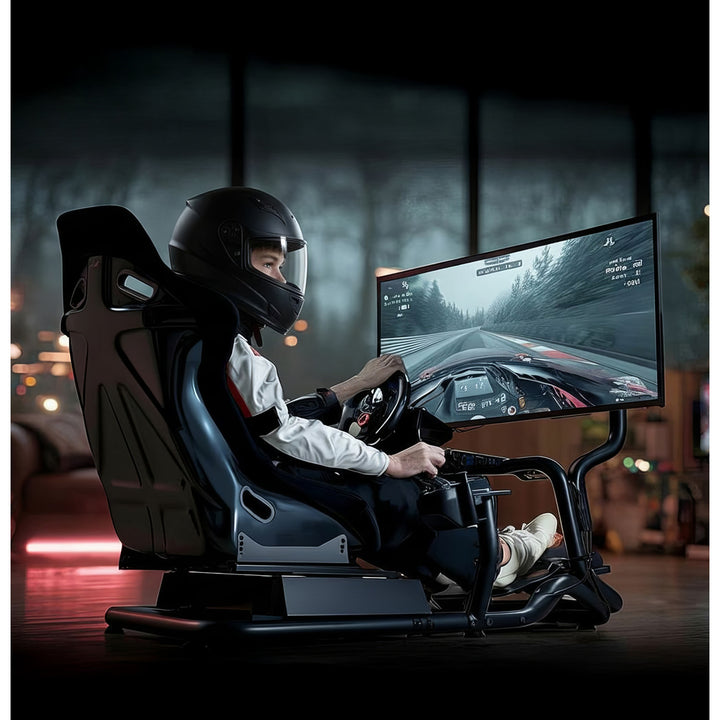 Simulador de carreras Cockpit 3 en 1 Asiento de juego hasta 130kg Soporte de palanca de cambio Soporte de volante Soporte de TV hasta 50" Max. Vesa 400x200 ...